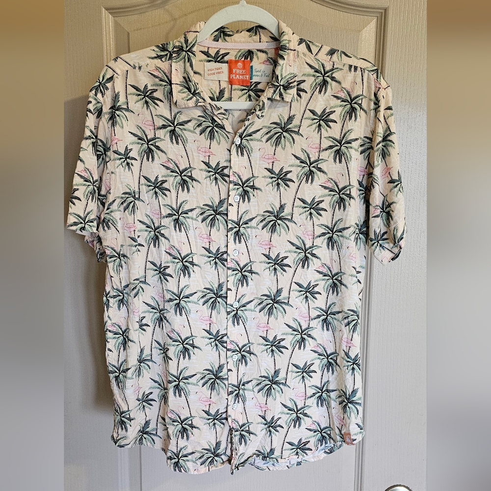 Free Planet Tropical Palm Tree And Flamingo Hawaiian Button Up Shirt Large